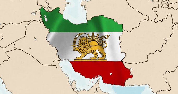 Motion graphic video of the imperial iran flag waving inside the country on a world map