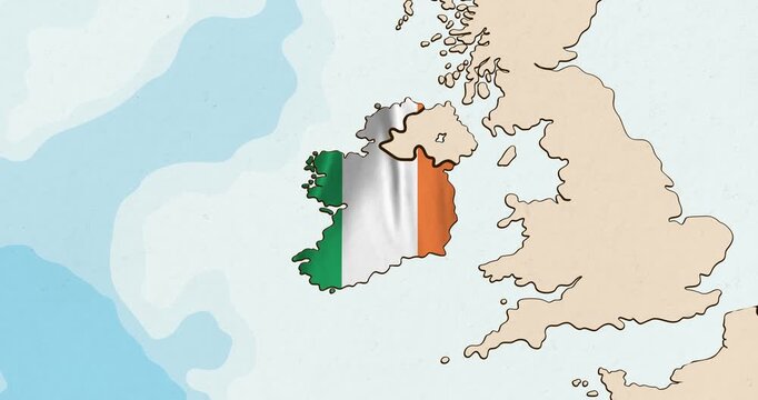 Motion graphic video of the ireland flag waving inside the country on a world map