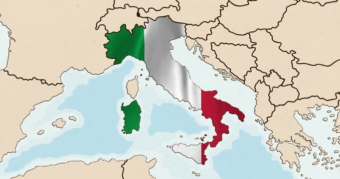 Motion graphic video of the italy flag waving inside the country on a world map