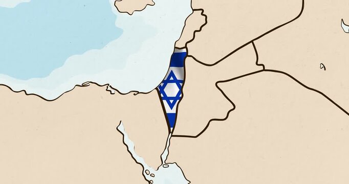 Motion graphic video of the israel flag waving inside the country on a world map