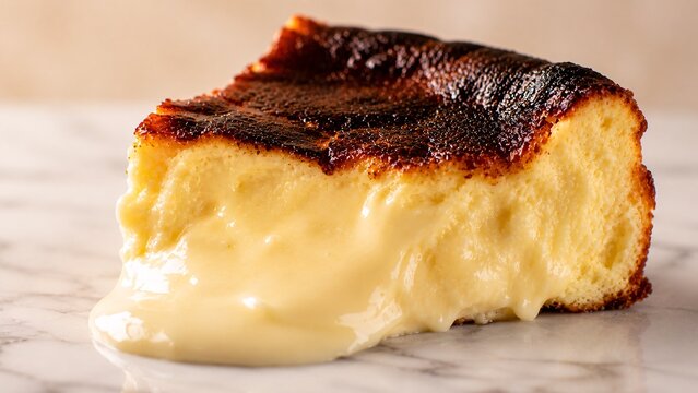 Close-up of a highly creamy and rustic Basque burnt cheesecake interior