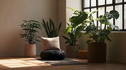 Fototapeta premium A cozy indoor corner featuring potted green plants a cushioned seat and natural light from a window