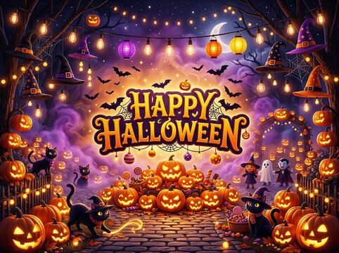 Halloween celebration with glowing pumpkins and festive decorations in dark atmospheric setting