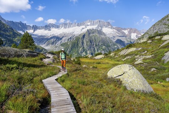 Mountaineers on wooden plank trail through mountain moor, in front of picturesque mountain scenery, Dammastock and Damma glaciers, G&ouml;scheneralp, Canton of Uri, Switzerland