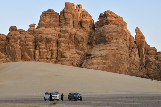 Tourists on a jeep safari in the Ashar Valley, near AlUla, Medina Province, Saudi Arabia, Arabian Peninsula