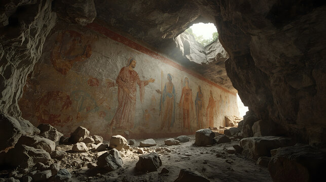 Ancient frescoes depicting figures inside a dimly lit natural cave with light streaming in.