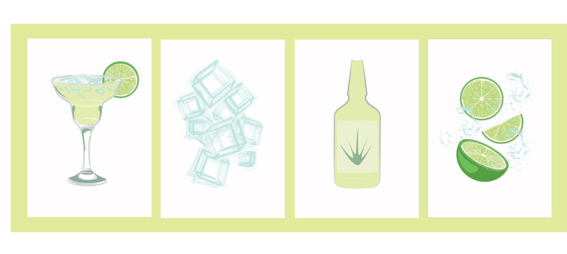 Fresh lime cocktails collection, margarita and iced drinks, refreshing citrus beverages vector illustration set