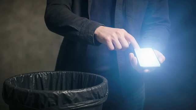Glowing smartphone held in hand thrown into black trash bin symbolizing digital detox technology and cashless society concept in dark setting