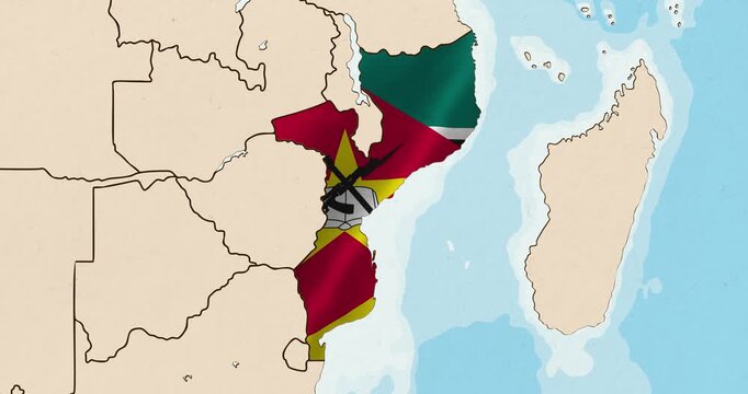 Motion graphic video of the mozambique flag waving inside the country on a world map