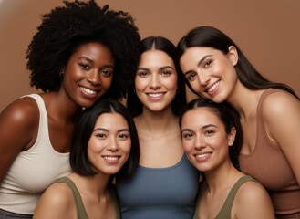 Obraz premium Family of five people smiling and posing together in warm light