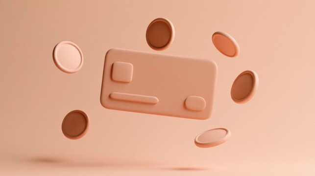 Soft clay 3d render features an e-wallet design with floating coins in a peach background showing a concept of digital currency and finance.