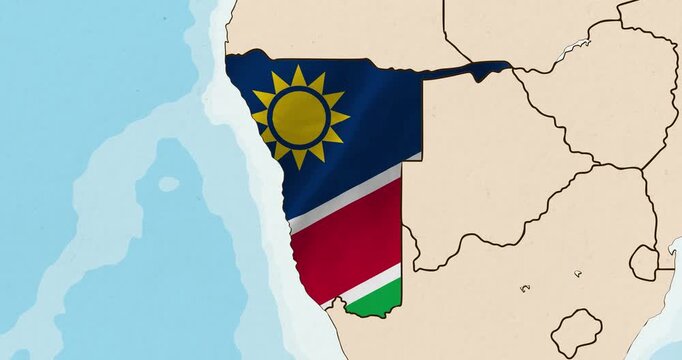 Motion graphic video of the namibia flag waving inside the country on a world map
