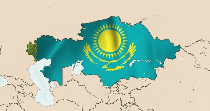 Motion graphic video of the kazakhstan flag waving inside the country on a world map