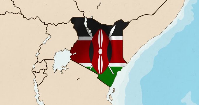 Motion graphic video of the kenya flag waving inside the country on a world map