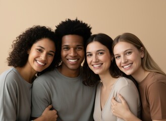 Fototapeta premium Four diverse women smiling together in a bright room