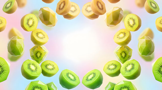 Abstract circular composition of floating fresh and low poly kiwi fruit on pastel background