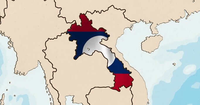 Motion graphic video of the laos flag waving inside the country on a world map
