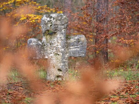 Medieval stone cross in the forest in autumn, atonement cross, murder cross, court cross, Spaal desert, Uhlst&auml;dt-Kirchhasel, Thuringia, Germany
