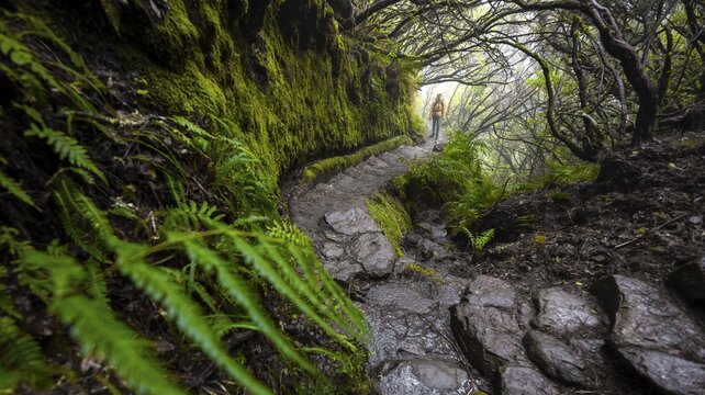 Hiker, Mystic forest with mist, Vereda Francisco Achadinha hiking trail, Rabacal, Madeira, Portugal