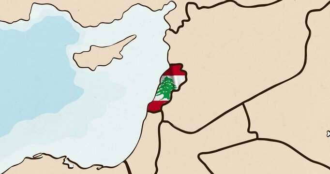 Motion graphic video of the lebanon flag waving inside the country on a world map