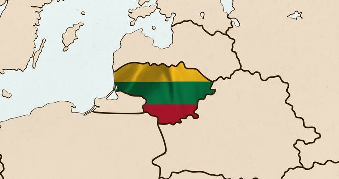 Motion graphic video of the lithuania flag waving inside the country on a world map