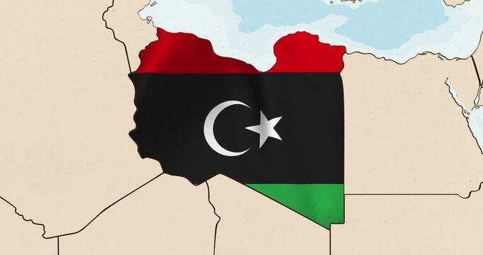 Motion graphic video of the libya flag waving inside the country on a world map