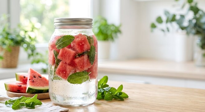 Watermelon infused water in a glass jar bright daylight setting