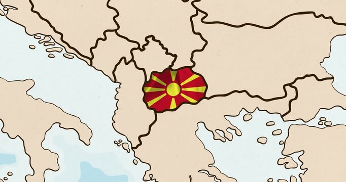 Motion graphic video of the north macedonia flag waving inside the country on a world map