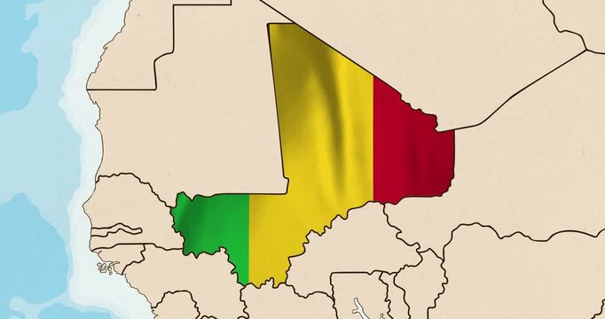 Motion graphic video of the mali flag waving inside the country on a world map