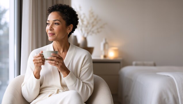 Smiling Black woman in a white robe drinking coffee by the window. Middle aged African American female holding a mug in a modern bedroom. Morning relaxation and wellness concept
