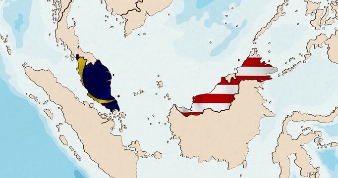 Motion graphic video of the malaysia flag waving inside the country on a world map