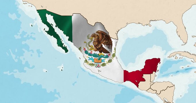 Motion graphic video of the mexico flag waving inside the country on a world map