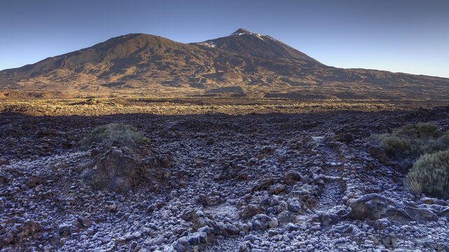 Frosty volcanic landscape with peaks and barren rocky landscape, Teide, Parque Nacional del Teide, Teide National Park, volcano, volcanism, UNESCO World Heritage Site, Tenerife, Canary Islands, Spain