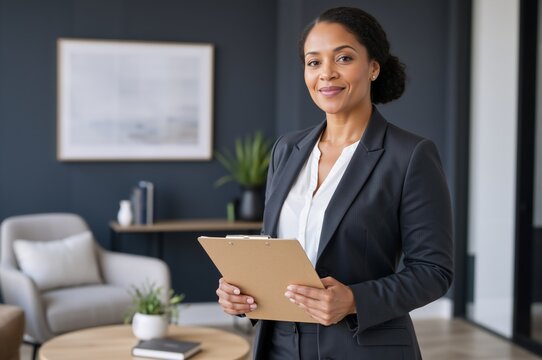 Confident Black businesswoman holding a clipboard in a modern office. Portrait of a professional African American female executive in a dark suit standing in a stylish workplace