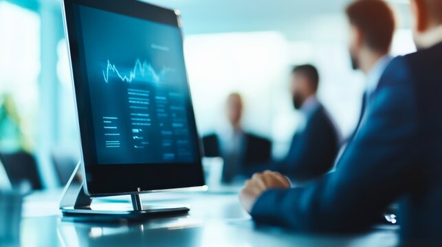 Subject A computer monitor displaying datagraphs in a professional office setting. Foreground A close-up, slightly angled view of the monitor (focused), with a person's handarm in the