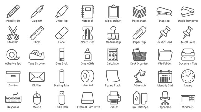 Stationery and office supply line icon set including pencil pen stapler and desk equipment.