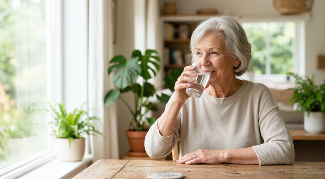 Smiling elderly woman drinking a glass of water at home. Healthy senior female staying hydrated sitting by the window