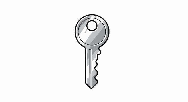 Minimalist silver metal key illustration featuring stylized reflections isolated on a clean white background for icon use