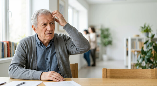 Confused senior man scratching his head while reading documents. Elderly male experiencing memory loss or frustration with paperwork at home