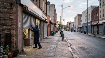 Fototapeta premium Male small business owner opening the metal rolling shutter of his storefront on a quiet urban street at dawn
