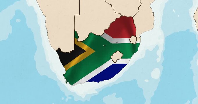 Motion graphic video of the south africa flag waving inside the country on a world map