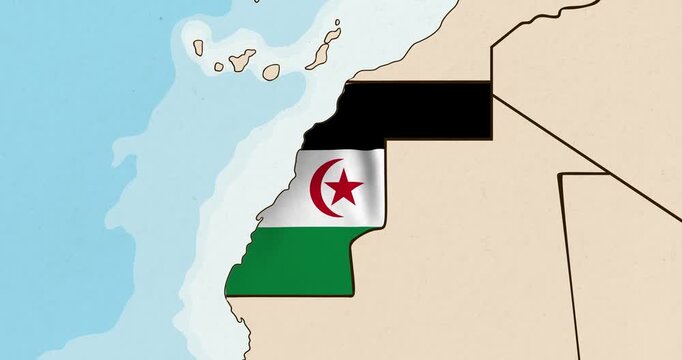 Motion graphic video of the sahrawi republic flag waving inside the country on a world map