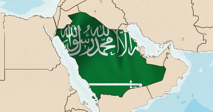 Motion graphic video of the saudi arabia flag waving inside the country on a world map