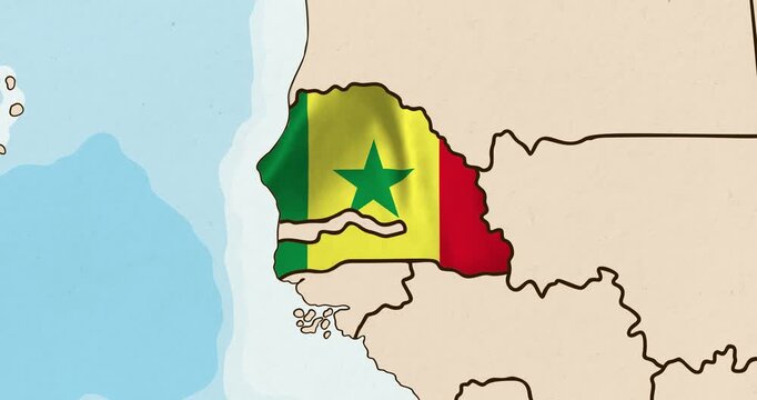 Motion graphic video of the senegal flag waving inside the country on a world map