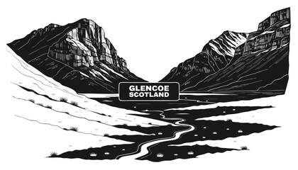 Very beautiful black and white realistic vector illustration of Glencoe Valley featuring a bold label reading "GLENCOE SCOTLAND", dramatic mountain peaks, wide green valley, winding stream, peaceful H © ehsanollah