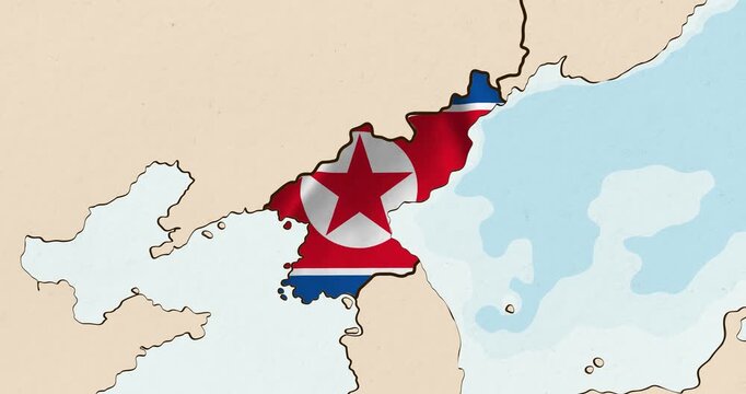 Motion graphic video of the north korea flag waving inside the country on a world map