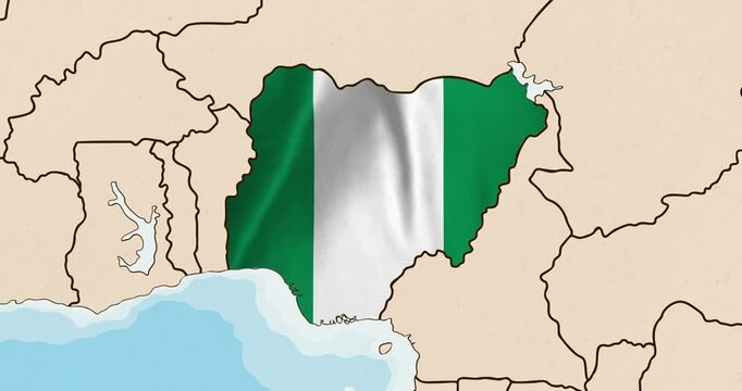Motion graphic video of the nigeria flag waving inside the country on a world map