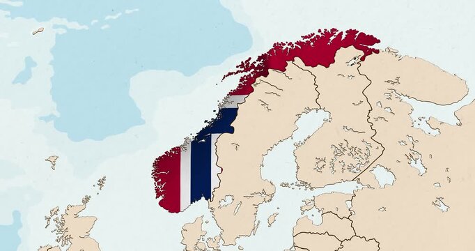Motion graphic video of the norway flag waving inside the country on a world map