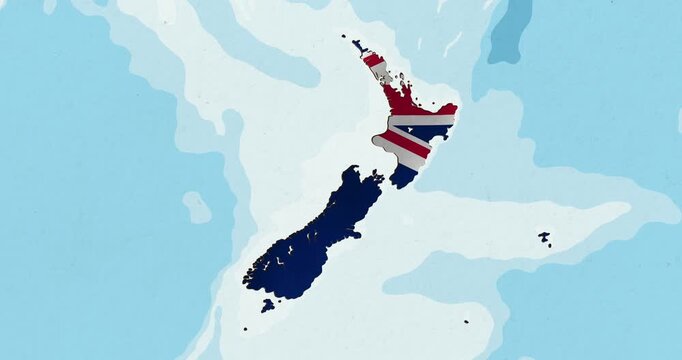 Motion graphic video of the new zealand flag waving inside the country on a world map