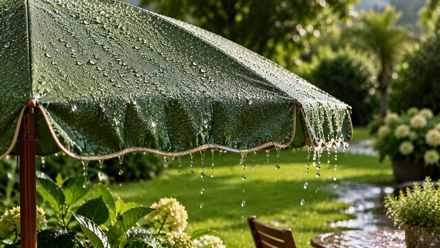 Macro shot of heavy rain water dripping from the edge of a green canvas umbrella